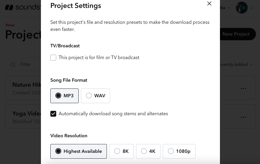 projects_settings modal